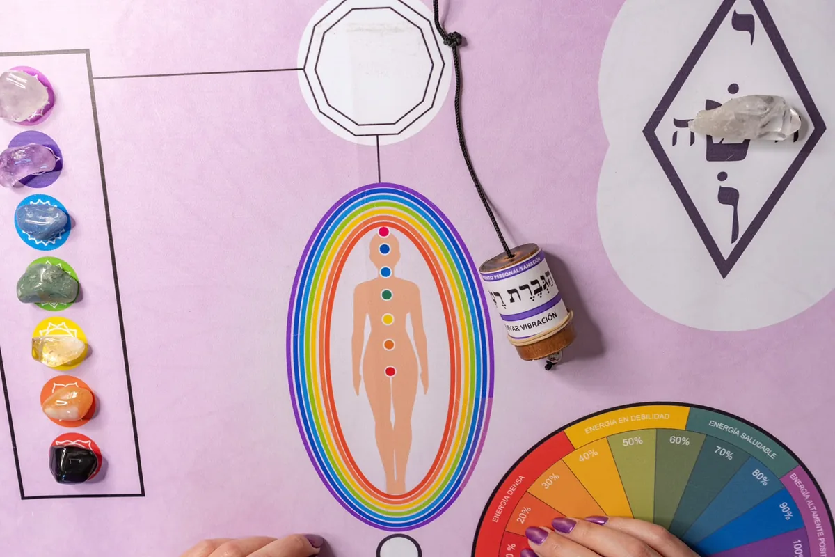 Tablero de radiestesia con cristales de chakras y un péndulo