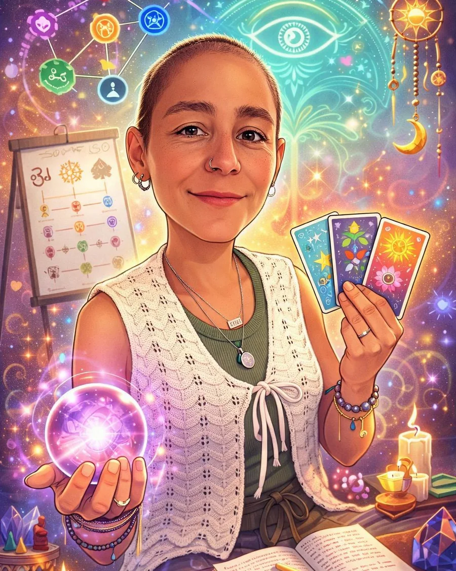 Retrato ilustrado de Valeria Vassallo con sus cartas y su bola de cristal